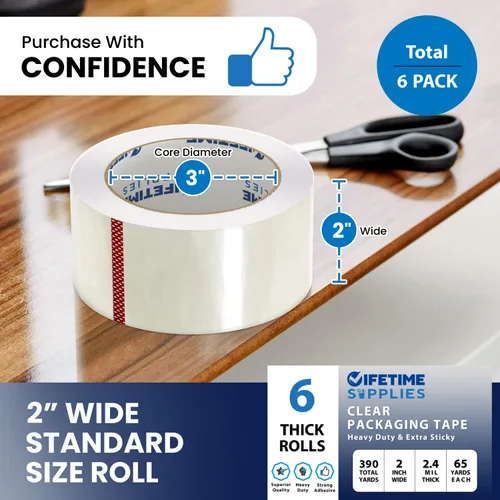 Miniatura 4 de Lifetime Supplies 6 Rollos 2.4 mil Transparente 65 Yardas Cada (390 Yardas Total) 2" Cinta de Embalaje Premium Cinta de Embalaje Resistente