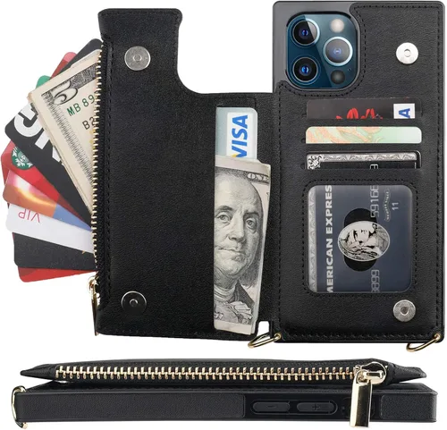 Miniatura 3 de Bocasal Funda tipo cartera cruzada para iPhone 12 Pro Max con tarjetero, protector de ranura para tarjetas con cremallera, a prueba de golpes