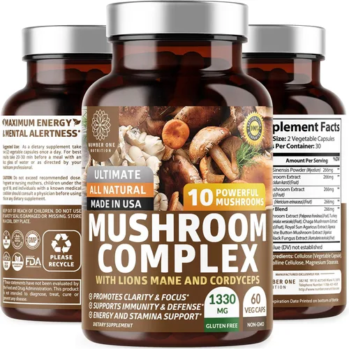 Complejo de hongos N1N Premium [10 hongos potentes] con Reishi, melena de león, cordyceps, chaga, cola de pavo y maitake para apoyar la salud, las
