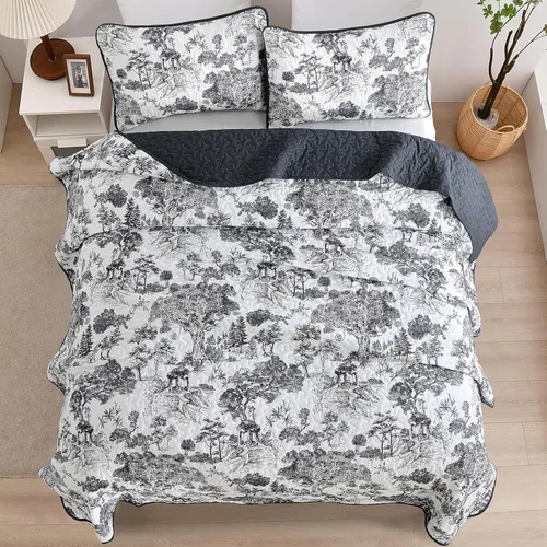 Miniatura 5 de WONGS BEDDING Juego de edredón botánico tamaño Queen, negro, 3 piezas, colcha con estampado floral de plantas Toile, juego de ropa de cama