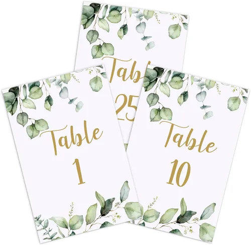 Miniatura 8 de Zonon 26 Piezas Tarjetas de Números de Mesa de Boda 1-25 con Números de Mesa Principal Tarjetas de Doble Cara de Follaje de Eucalipto Centros