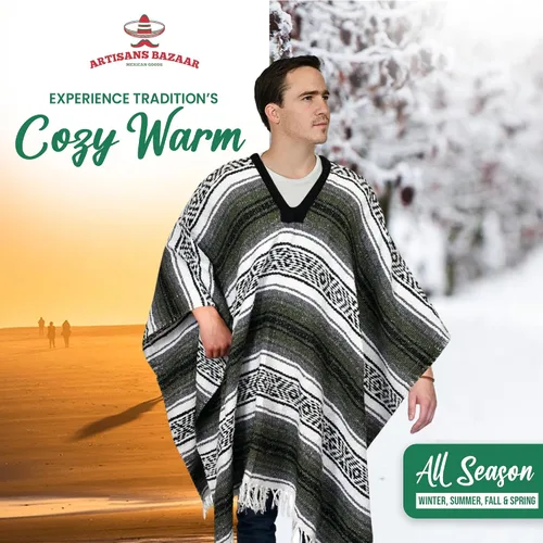 Miniatura 128 de Artisans Bazaar Poncho tradicional mexicano de Baja para hombres y mujeres, auténtico sarape de Gaban, manta de vaquero Pancho Jorongo