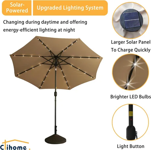 Miniatura 2 de Clihome Sombrilla solar de 9 pies para patio, 32 luces LED, sombrilla solar para patio al aire libre con botón de inclinación y manivela para patio