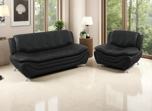 Miniatura 26 de Juego de sofá de cuero (3 piezas, cuero negro B), muebles de sala de estar para apartamento, material de estilo minimalista, fácil montaje B-cuero