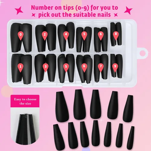 Miniatura 5 de AddFavor 120 uñas postizas negras a presión largas con pegamento y pestañas adhesivas, uñas acrílicas mate de cobertura completa para mujeres y niñas