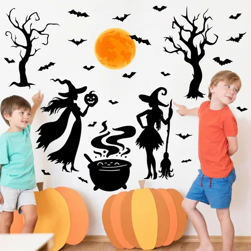 Miniatura 5 de Calcomanías de Halloween para ventana, calcomanías de brujas negras, calcomanías de pared de Halloween, murciélagos de árbol negro, murales de arte