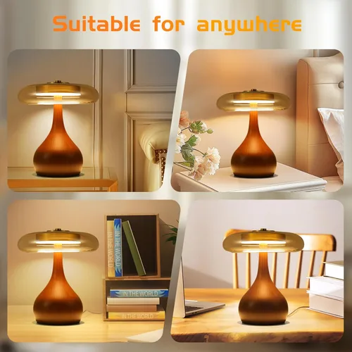Miniatura 6 de Lámpara de mesa pequeña para dormitorio - lámpara de mesa con base de madera en forma de hongo lágrima, pantalla de vidrio ámbar, LED de tres