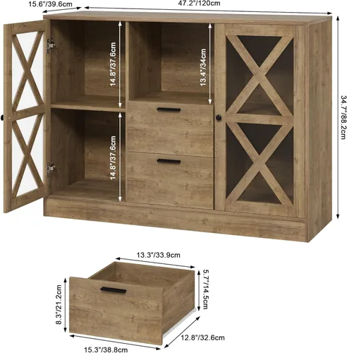 Miniatura 2 de BOTLOG Armario de buffet con almacenamiento, gabinete de barra de café con cajones, aparador buffet Cbinet con puertas de vidrio y estantes