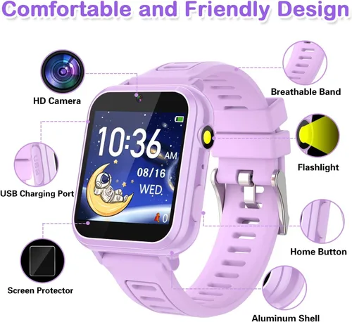 Miniatura 6 de Cosjoype Relojes inteligentes para niños de 3 a 12 años, con 39 juegos de rompecabezas, cámara de video HD, reproductor de música, tarjetas