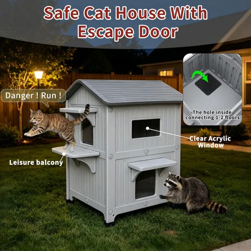 Miniatura 7 de Rockever Casa de gatos al aire libre de plástico con forro aislado, 100% casas de gatos al aire libre aisladas para invierno, refugio para gatos al