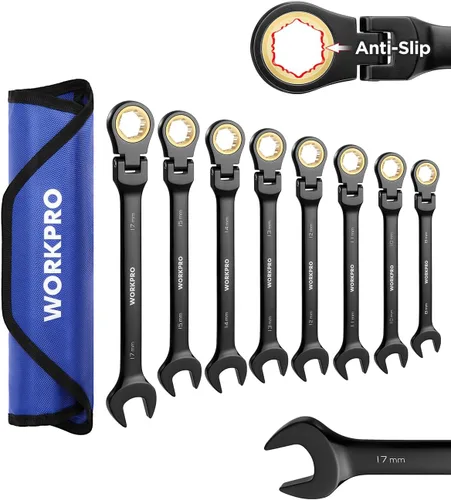 Miniatura 27 de WORKPRO Juego de llaves combinadas de trinquete de cabeza flexible de 8 piezas, SAE 5/16-3/4 pulgadas, 72 dientes, construcción CR-V, niquelado
