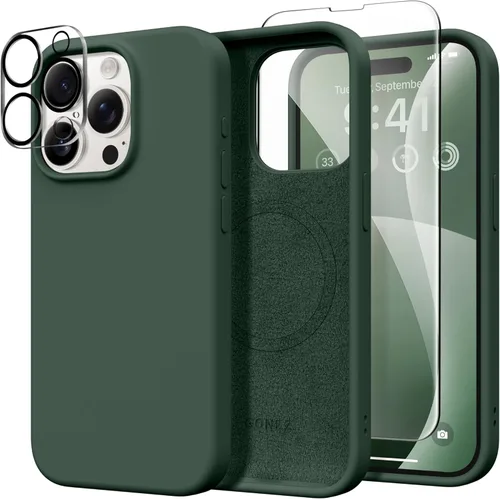 GONEZ Funda de Silicona para iPhone 15 Pro Max, Compatible con Magsafe, Protector de Cámara + Protector de Pantalla, Forro de Microfibra Suave Verde