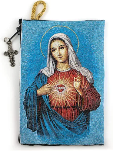 Miniatura 2 de Bolsa de rosario católico, corazón inmaculado de la Virgen María y símbolo de medalla milagrosa, joyería de 4 x 6 pulgadas y monedero con cruz
