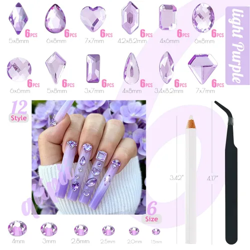 Miniatura 3 de Qiipii 2052 piezas de diamantes de imitación amatista púrpura para uñas, diamantes de imitación de vidrio de color lila claro para uñas, 72 formas