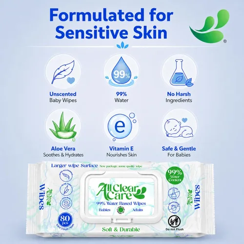 Miniatura 3 de All Clear Care Toallitas para bebé, paquete de 24 unidades sin perfume (1920 toallitas), 99% de agua para pieles sensibles, grandes, suaves