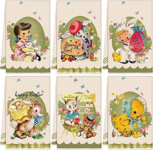 Patelai Paquete de 6 toallas de cocina vintage de Pascua, de primavera, de temporada, paño para platos de té, retro, retro, frontera, conejito,