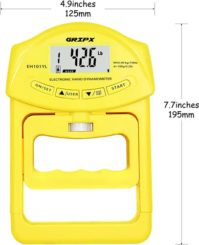 Miniatura 2 de Dinamómetro de mano digital medidor de fuerza de agarre Auto captura electrónica de poder de agarre manual 198 libras / 90 kilogramos Amarillo