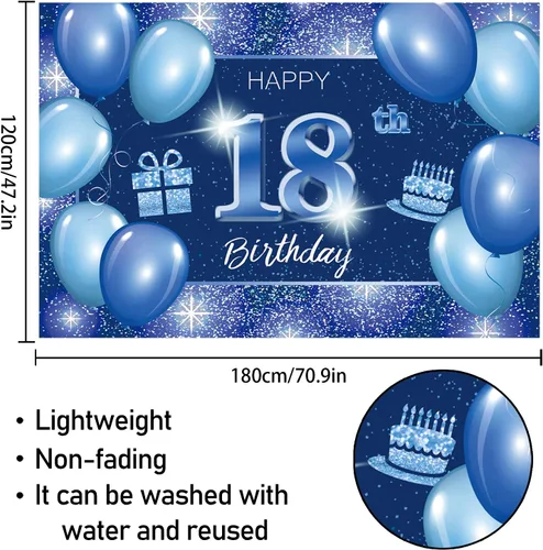 Miniatura 2 de Cartel de fondo de feliz cumpleaños 18 años, decoración azul – Dot Glitter Sparkle 18 años de edad, decoración temática de fiesta de cumpleaños