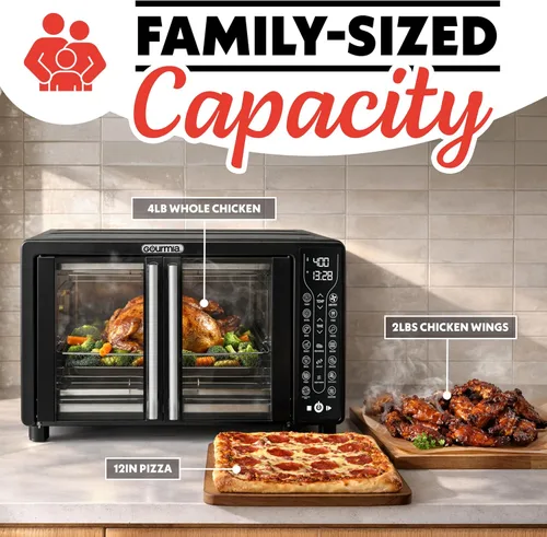 Miniatura 6 de Gourmia FryForce - Horno tostador con freidora de aire para puerta francesa, capacidad de 6 rebanadas, 360°, pantalla digital con 17 ajustes Negro