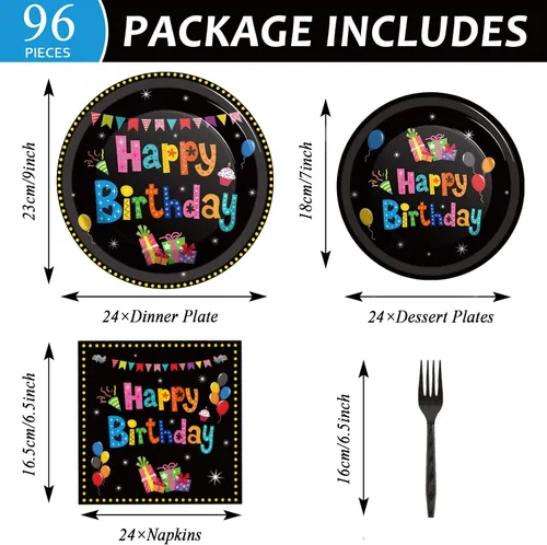 Miniatura 2 de Tevxj Juego de vajilla de cumpleaños de 96 piezas, vajilla de cumpleaños colorida y negra, platos desechables para postre, vajilla temática