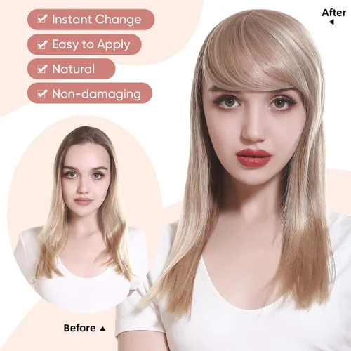 Miniatura 5 de SARLA Flequillo lateral negro marrón con clip en piezas de cabello sintético, extensión de flequillo recto para mujeres