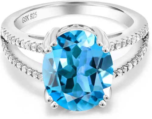 Miniatura 2 de Gem Stone King Anillo de plata de ley 925 con topacio azul suizo para mujer
