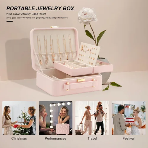 Miniatura 8 de Organizador de viaje grande para joyas, joyero de viaje grande con bandeja de joyería extraíble, cajas de joyería de 2 capas para mujer, rosa