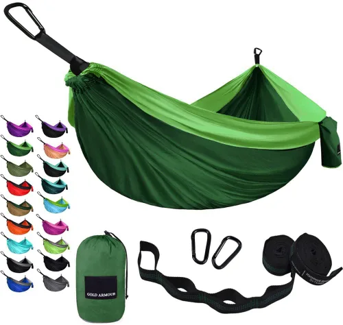 Miniatura 8 de Gold Armour hamaca de campamento, de tela de paracaídas, de marca estadounidense, tamaño único, 2 correas para árbol, 10 trabillas/20 pies Gris/Azul