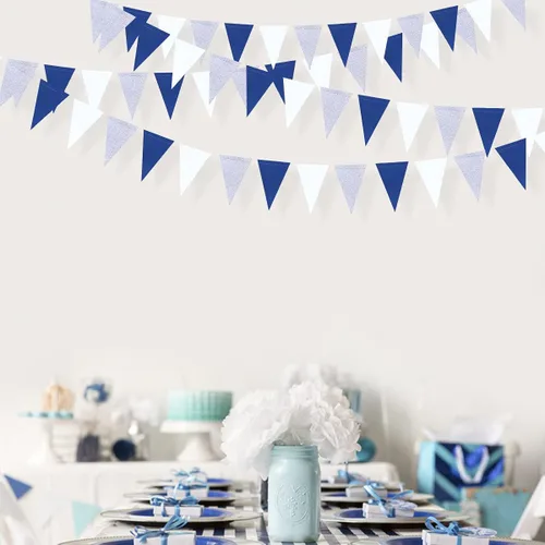 Miniatura 4 de Decoraciones de fiesta de 30 pies azul marino, blanco y plateado, bandera triangular azul real, pancarta banderín para graduación, cumpleaños, boda