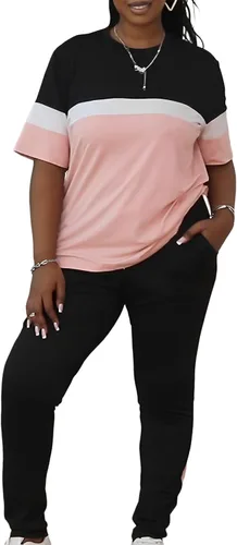 LovelyWholesale Conjuntos de 2 piezas Conjunto corto de dos piezas para mujer, traje de bloque de color de verano, traje de chándal de manga corta