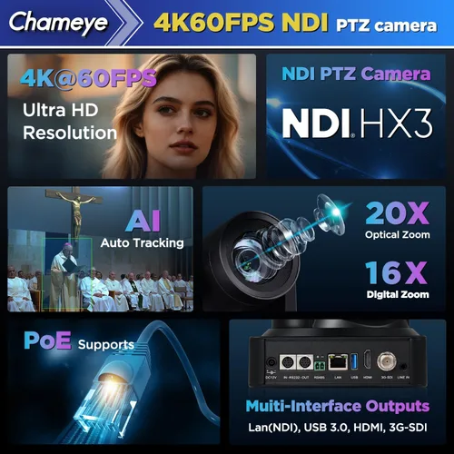 Miniatura 6 de Chameye Cámara PTZ NDI 4K 60FPS NDI, cámara de transmisión en vivo con seguimiento automático AI, compatible con salida 4K 60fps NDI HX3, zoom Negro