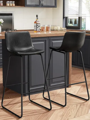 Miniatura 50 de REONEY Juego de 2 taburetes de bar de piel sintética de 26 pulgadas, taburetes de bar modernos con patas de metal y reposapiés, sillas urbanas sin