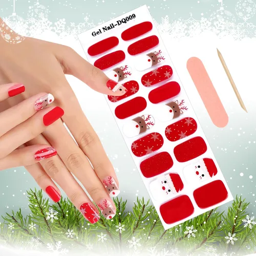 Kalolary Tiras de uñas de gel de Navidad rojas, calcomanías de Papá Noel, copos de nieve de alce, esmalte de uñas de gel real, diseño de arte de