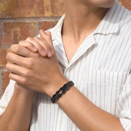 Miniatura 2 de Pulsera con símbolo de infinito para hombres, regalo para papá, marido, novio, hijo, nieto, marrón, cuero trenzado, acero inoxidable grabado