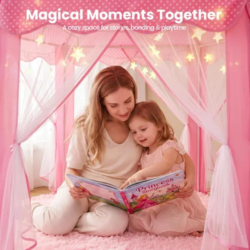 Miniatura 6 de Tienda de campaña de princesa para niñas en interior: con alfombra, luces de estrella, tienda de campaña rosa para niños, juguetes para niñas