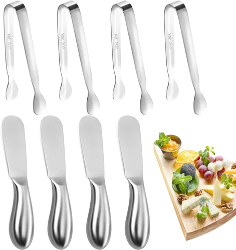 Juego de cuchillos esparcidores de mantequilla, 8 cuchillos de acero inoxidable para esparcir mantequilla de queso y mini pinzas para servir queso