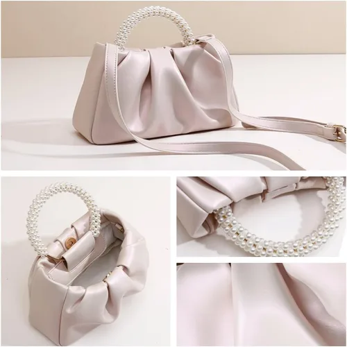 Miniatura 5 de Valleycomfy Bolsos de mano de noche con perlas para mujer, de cuero suave, fruncidos, cruzados, bolsa de hombro para fiestaboda