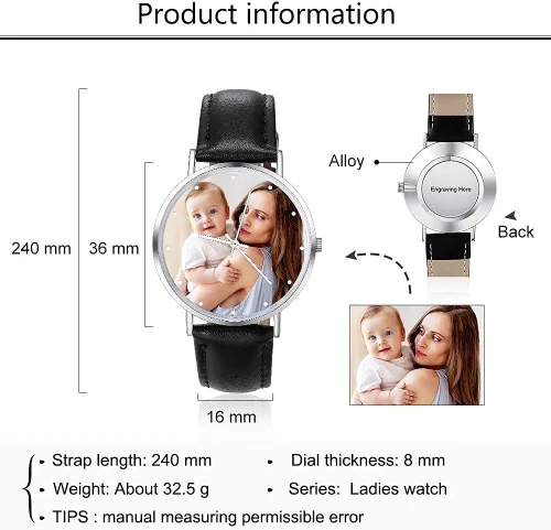 Miniatura 2 de Lovejewelry Relojes con foto personalizados para hombres y mujeres, correa de cuero, reloj de pulsera personalizado con cualquier nombre