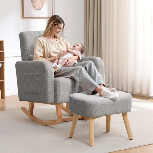 Miniatura 19 de HCHAIRH Mecedora para guardería con otomana, mecedora tapizada con respaldo alto y bolsillo lateral, sillón con patas de madera maciza para Gris