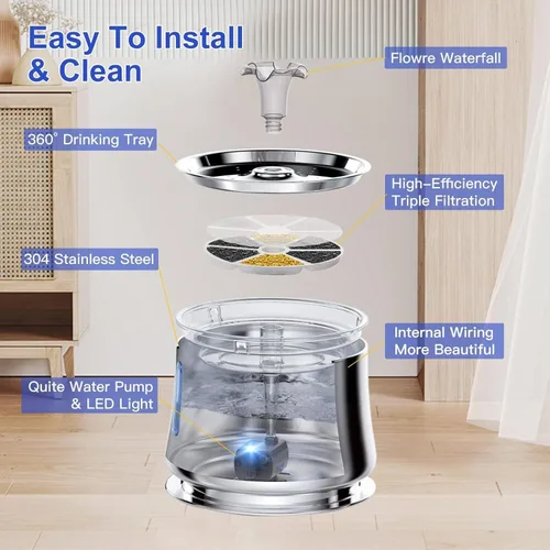 Fuente de agua automática para mascotas con ventana de nivel de agua, acero inoxidable de 2.5 L, ultra silenciosa para gatos y perros, Comedero