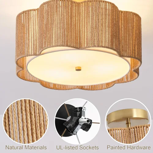 Miniatura 5 de Lámpara de Techo Empotrada de Ratán de 17.7", Luminaria de Techo Boho de 3 Luces Cerca del Techo, Lámpara de Techo de Ratán para Dormitorio, Amarillo