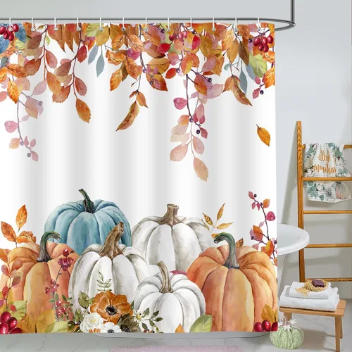 Miniatura 9 de Cortina de ducha de otoño, decoración de baño de árbol de calabaza, 72 x 72 pulgadas, tela de poliéster, cortina de baño impermeable con 12 ganchos