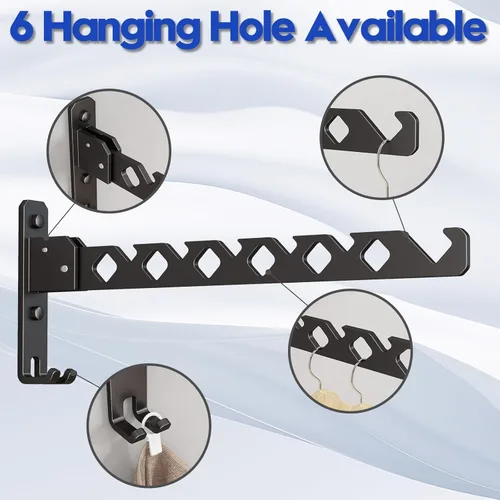 Miniatura 10 de Tendedero de Pared para Secar Ropa, Colgador de Ropa de Pared Plegable, Gancho Colgador de Lavandería para Baño, Perchero de Pared Interior, Negro