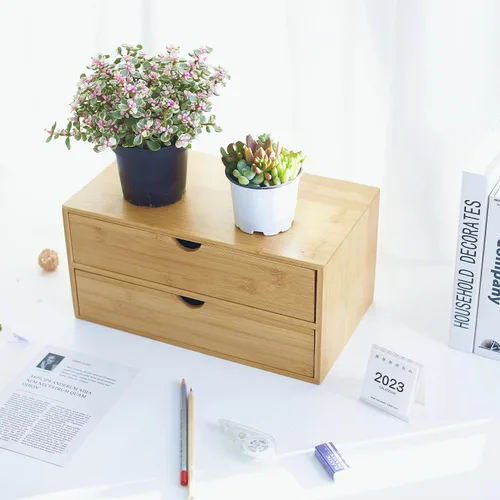 Miniatura 4 de Organizador de escritorio de bambú con cajones, cajones de mostrador, 2 cajones, caja de almacenamiento de esquina para escritorio, organizador