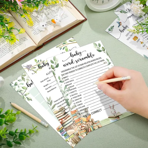 Miniatura 2 de Yinder 145 tarjetas de actividades para juegos de baby shower con 20 lápices, incluye descripción de bingo para bebés y deseos, adivina quién es