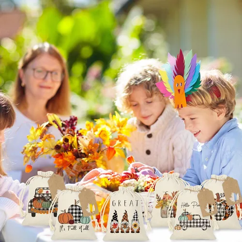 Miniatura 5 de Whaline 24 bolsas de arpillera de otoño de 4 x 6 pulgadas, gnomos a cuadros de búfalo, bolsas de calabaza con etiqueta de papel kraft de hoja