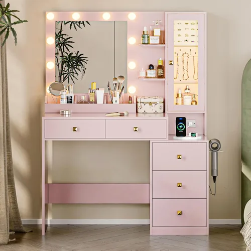 Miniatura 16 de Escritorio de tocador con espejo y luces, tocador de maquillaje negro con 5 cajones, organizador de joyas oculto y gabinete de cristal LED, 3 modos