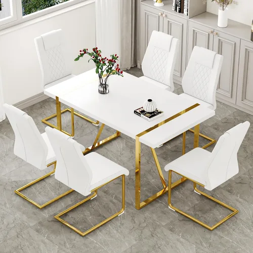 Miniatura 24 de Juego de mesa de comedor moderna de 55 pulgadas para 4, mesa de comedor negra y marco de metal dorado, mesa de comedor rectangular con 4 sillas