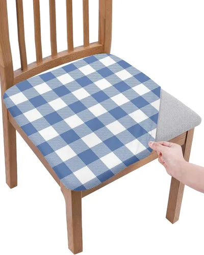 Miniatura 8 de Juego de 6 fundas para asiento de silla de comedor, diseño clásico a cuadros blancos y negros, decoración navideña, extraíble, elásticas, fundas
