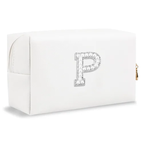 Miniatura 20 de Pequeña bolsa de maquillaje personalizada con inicial A-Z Preppy Patch, bolsa de cosméticos de viaje de felpilla blanca con cremallera, bonita bolsa
